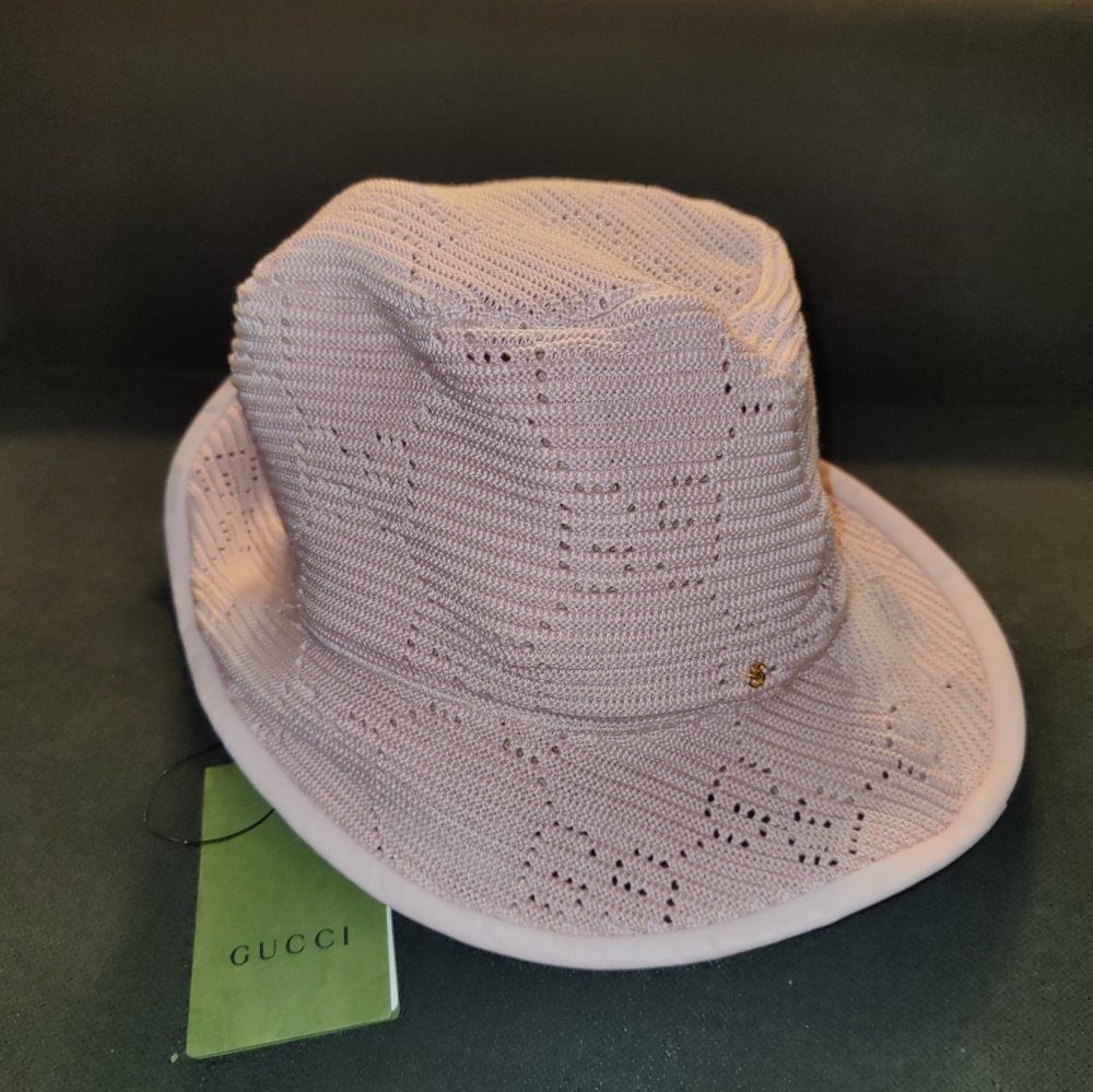 Gucci Knitted Crochet Malibu GG Fabric Leather Bucket Hat Pink XL 59 cm New - Picture 2 of 8